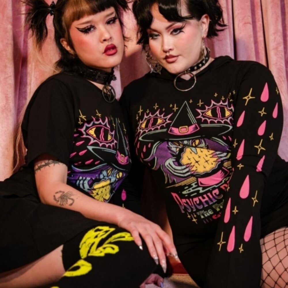 Killstar ✦ Crystal Gazer Hooded Dress ✦ Black Psychic Graphic Bell Sleeves M NWT - Picture 8 of 10
